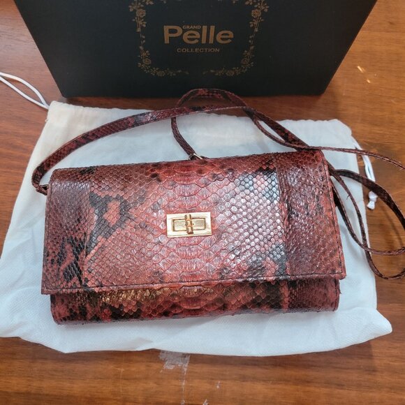 Grand Pelle Handmade 100% Genuine Python Leather Brown Crossbody Wallet - Picture 3 of 13